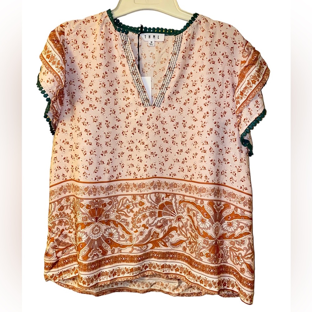 THML Border Print Flutter Sleeve shirt, rust/pink, size medium